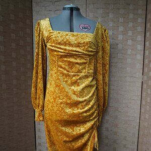 Velvet Mustard Long-Sleeved Cocktail Dress